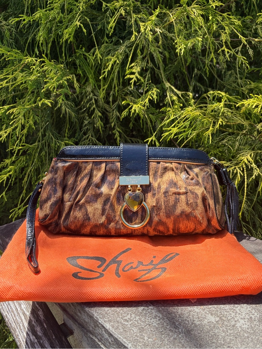 Sharif Animal Print Wristlet Clutch Bag Heart Charm With Dust Bag